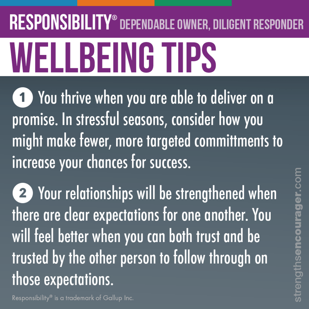 Wellbeing tips for the Responsibility strength